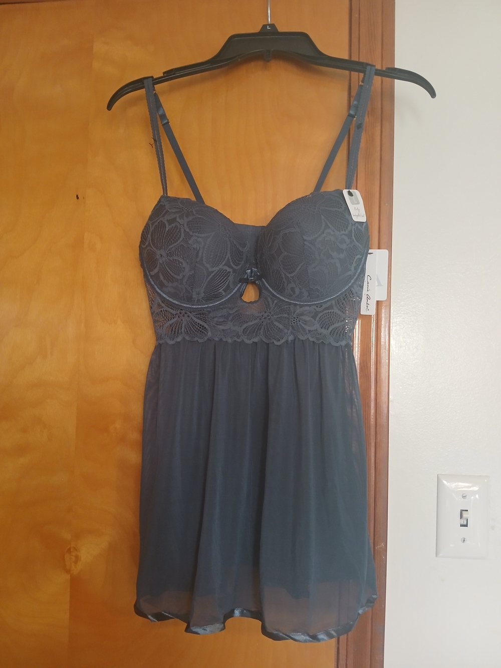 Lace-Trim Slate Blue Babydoll Chemise with Sheer Skirt